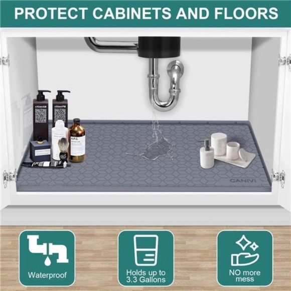 Under Sink Mat, 34" x 22" Waterproof Silicone Under Sink Tray  (Grey) - Picture 4 of 7